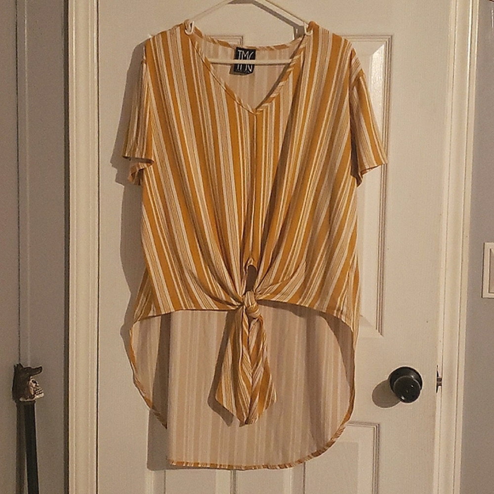 Striped Tie-Front High-Low Top in Mustard Yellow